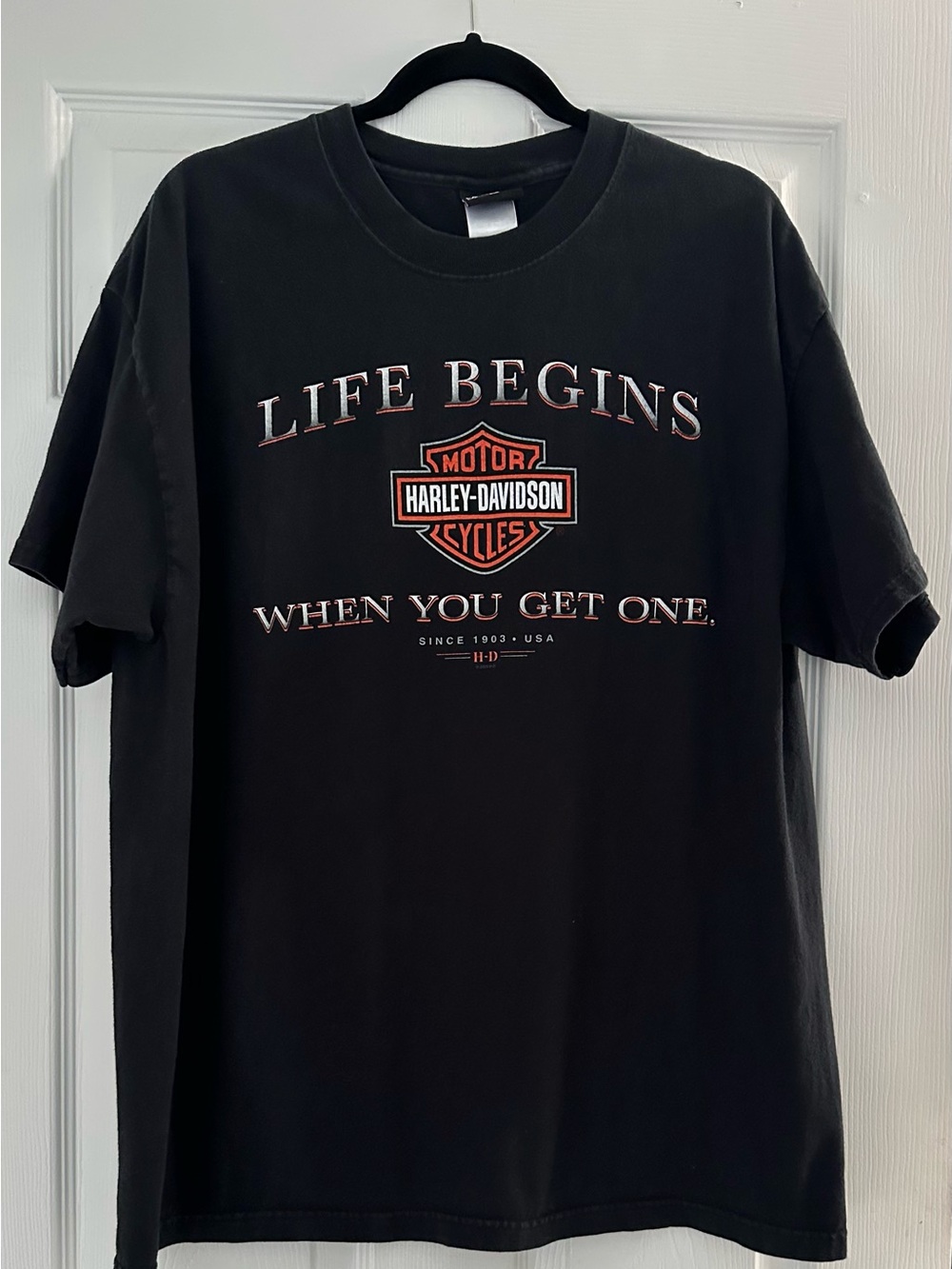 Harley-Davidson Black Short Sleeve 'Life Begins' Graphic Tee with Orange Logo